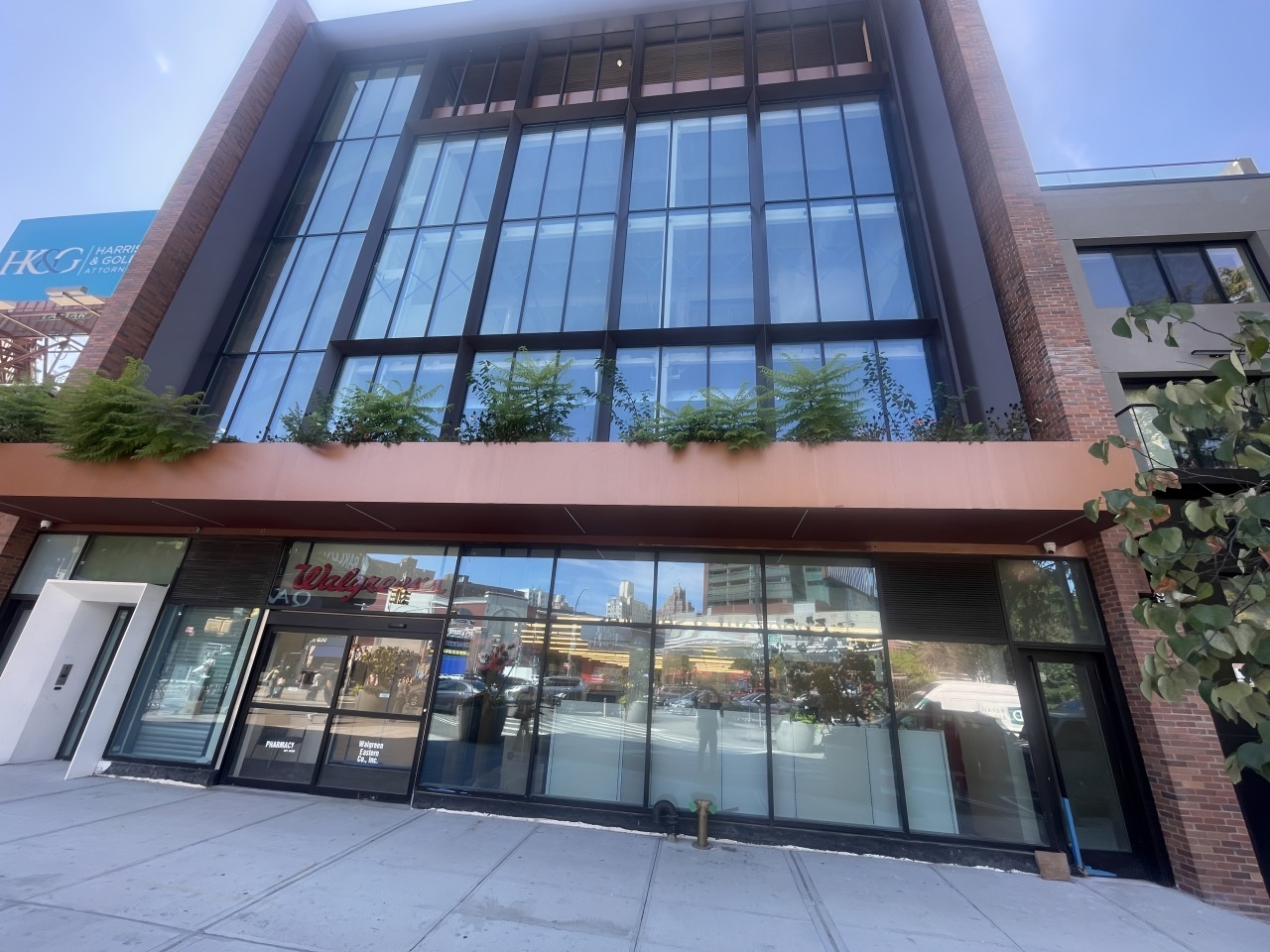 Walgreens storefront featuring large glass windows and a modern design, with greenery above and a busy urban background.
